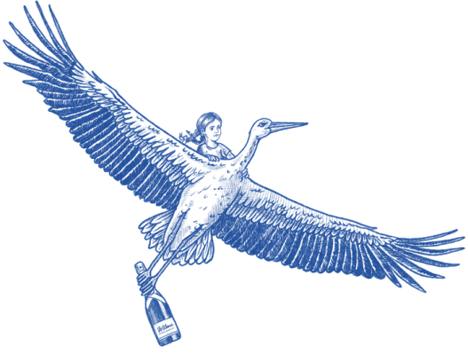 Das kleine M&auml;dchen Magdalena fliegt auf dem R&uuml;cken von Storch Wilhelm, der eine exquisite Weinflasche h&auml;lt, &uuml;ber die D&auml;cher Liesings.