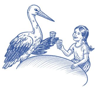 Storch Wilhelm und Magdalena sto&szlig;en gemeinsam bei Tisch an.