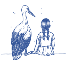 Der Storch Wilhelm hält mit seinem Storchenfuß des Mädchens Magdalenas Hand und gemeinsam betrachten sie den Sternenhimmel.